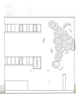 A drawing of the building with the polystyrene blood cells on the façade.