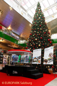Spendentrichter in einem Einkaufszentrum vor einem Weihnachtsbaum