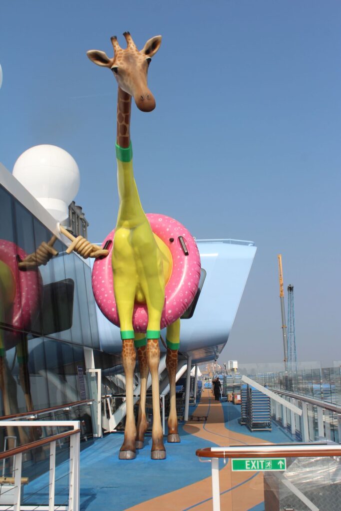 Weatherproof giant giraffe sculpture made of plastic (CFRP) on the cruise ship